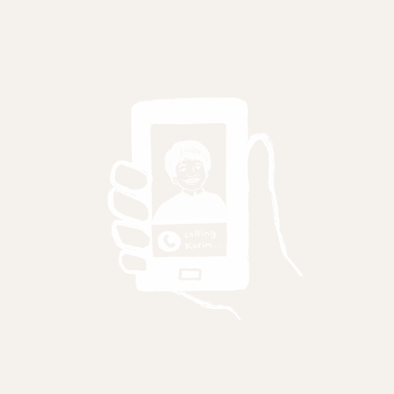 Illustration of a hand holding a mobile phone, calling Karim.